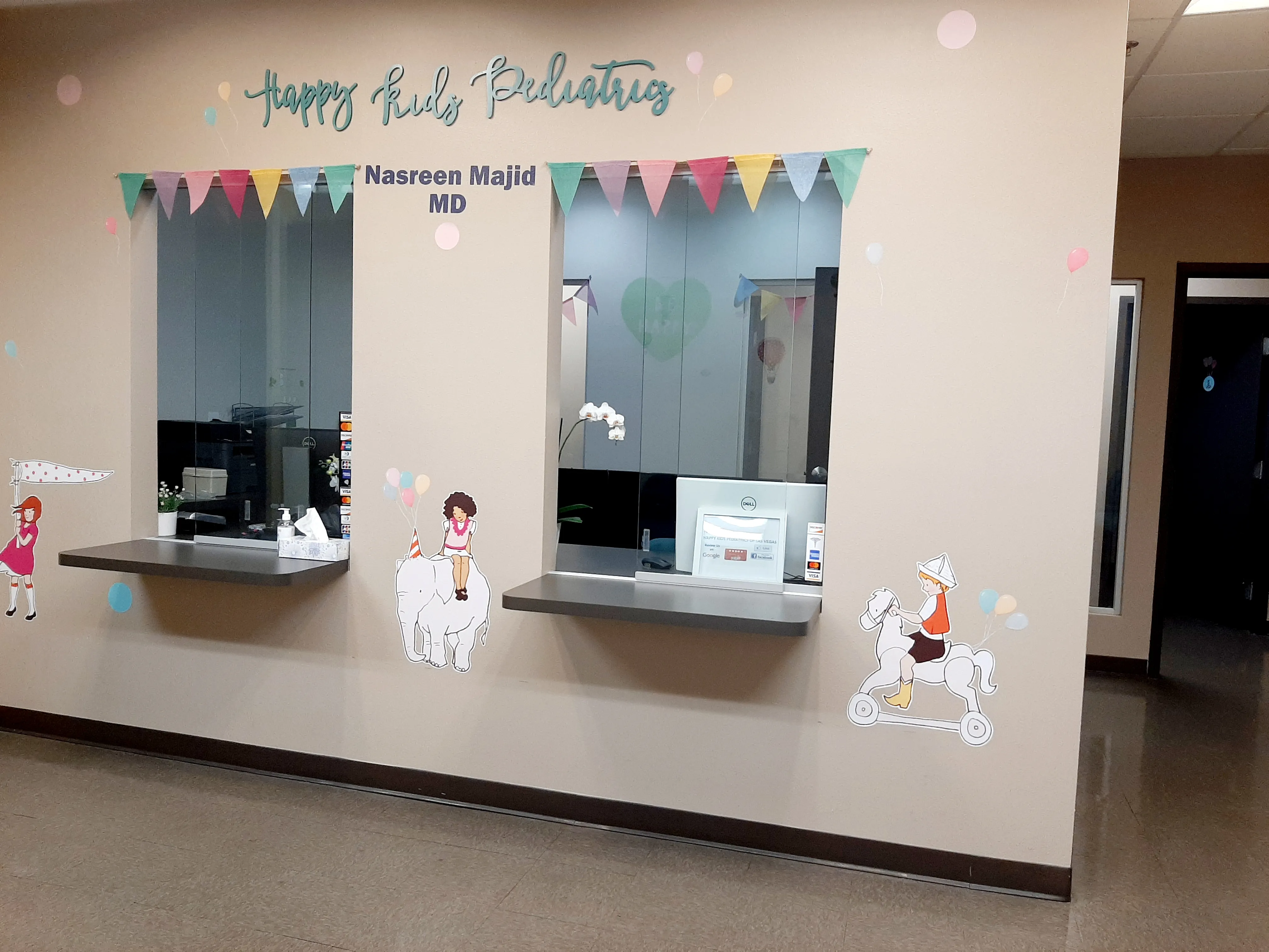 Reception area with colorful kid-friendly decor